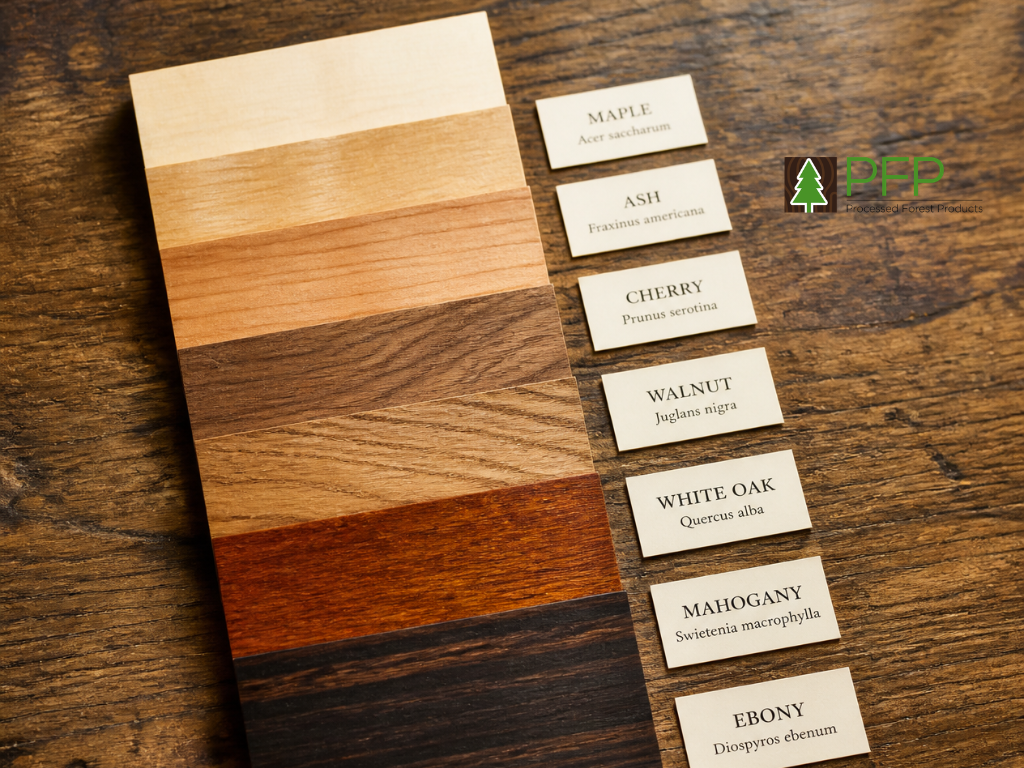 Natural timber veneer samples arranged beside wood species labels and sourcing documents for reviewing timber origins