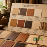 Decorative timber veneer sheets displayed alongside MDF, particleboard and plywood samples showing different panel materials