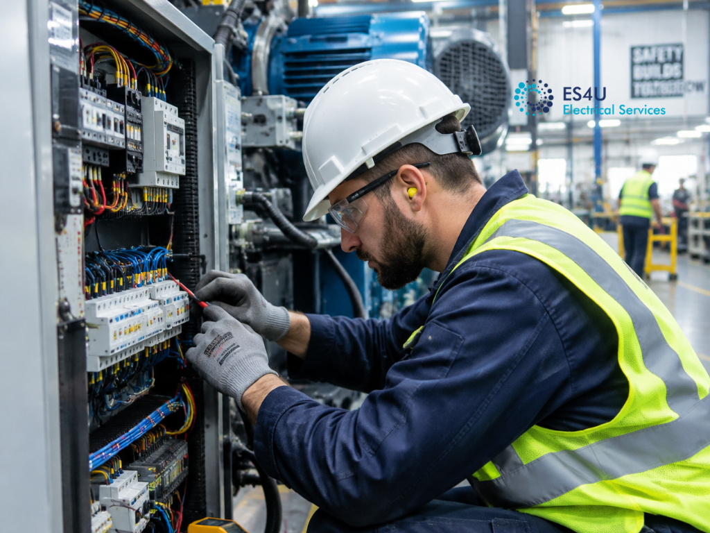 Electrical tradesperson installing and connecting components in a modern industrial switchboard. industrial fitout electrician, industrial fit-out, electrical fit-outs for new commercial buildings, industrial electrician sydney, industrial electrical contractors sydney, industrial electric service, warehouse electrical maintenance sydney