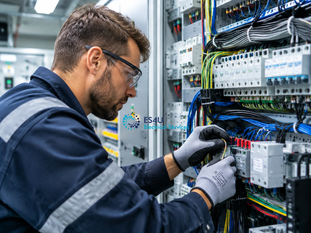 Electrical tradesperson installing and connecting components in a modern industrial switchboard. industrial fitout electrician, industrial fit-out, electrical fit-outs for new commercial buildings, industrial electrician sydney, industrial electrical contractors sydney, industrial electric service, warehouse electrical maintenance sydney