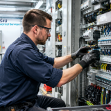 Industrial electrician inspecting an electrical switchboard using testing equipment during maintenance.industrial fitout electrician, industrial fit-out, electrical fit-outs for new commercial buildings, industrial electrician sydney, industrial electrical contractors sydney, industrial electric service, warehouse electrical maintenance sydney