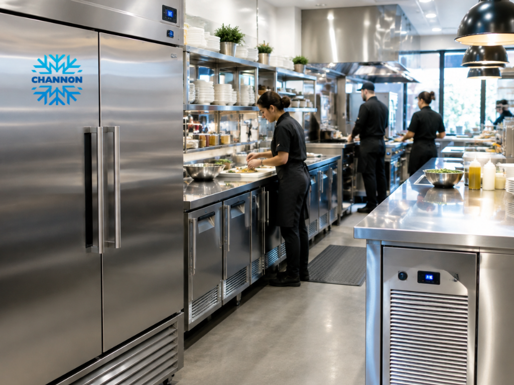 Modern stainless steel commercial refrigerators installed in a professional hospitality kitchen.