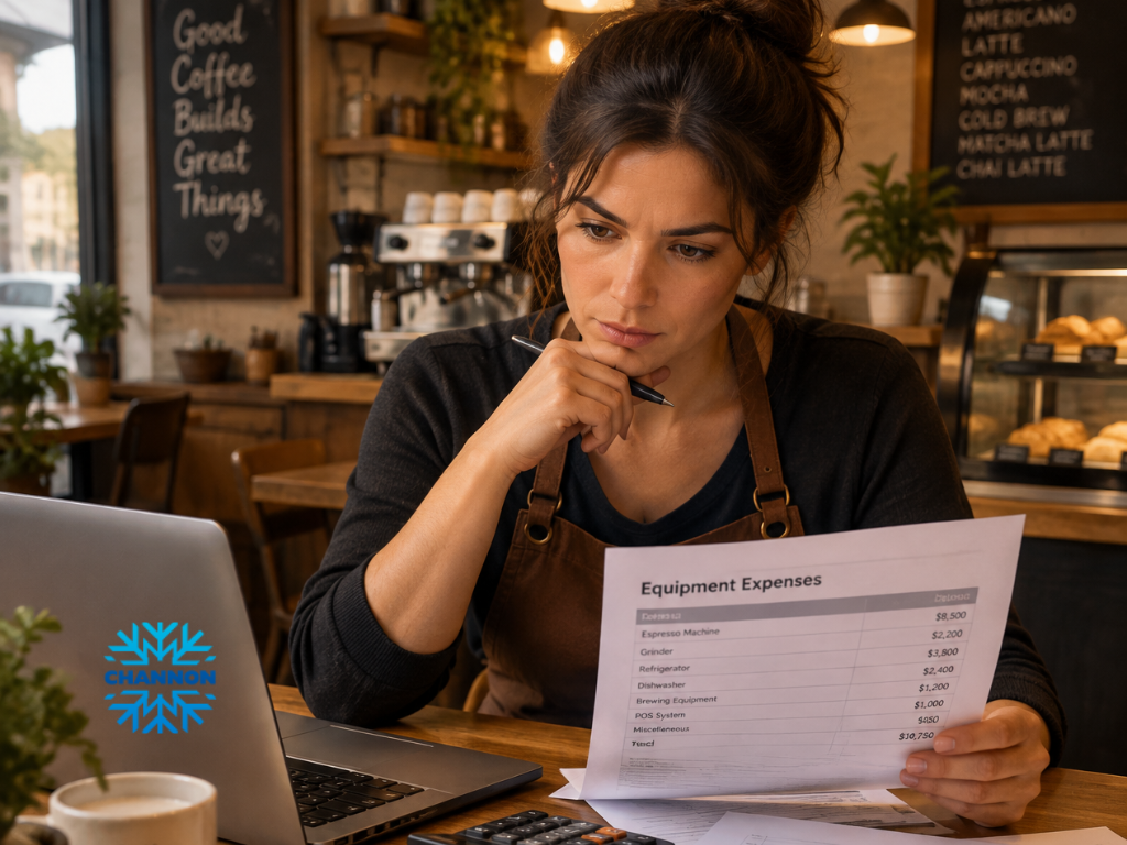 Restaurant business owner reviewing electricity bills and equipment expenses using a laptop and calculator.