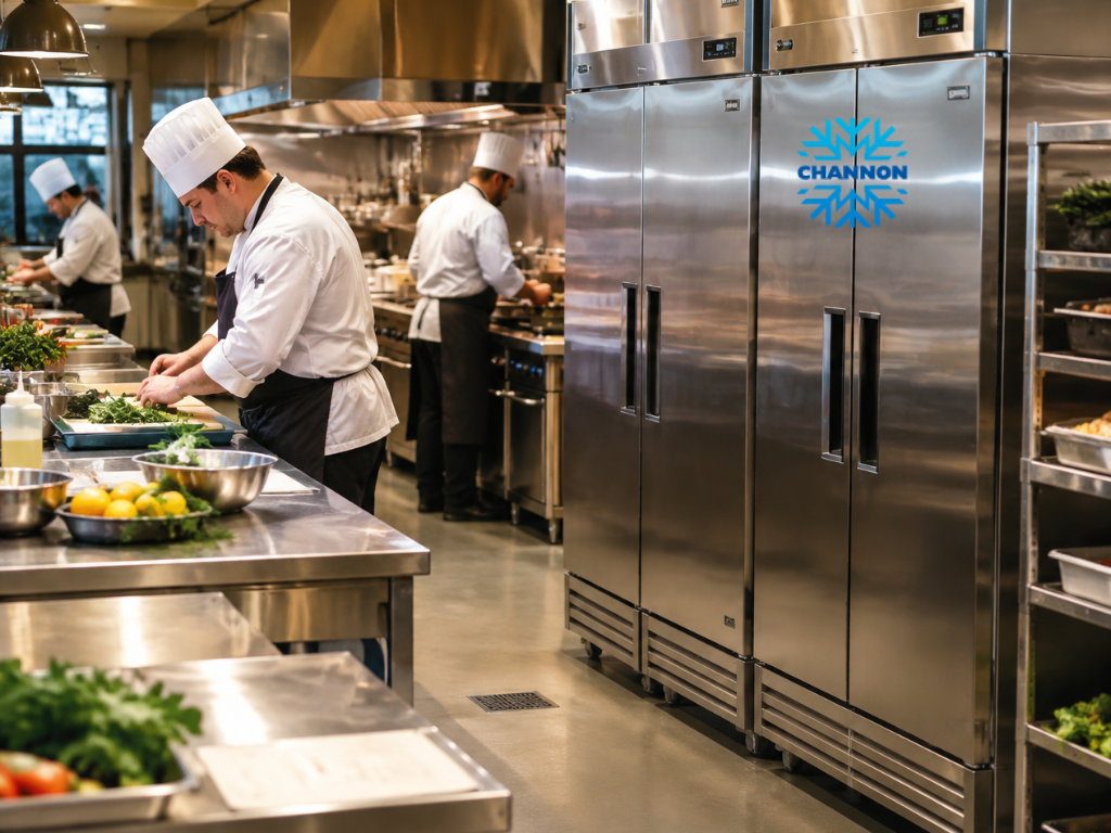 Commercial refrigerated display cabinet and stainless steel refrigerator available for hospitality food storage.