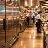 Refrigeration technician inspecting a commercial refrigerator in a restaurant kitchen.