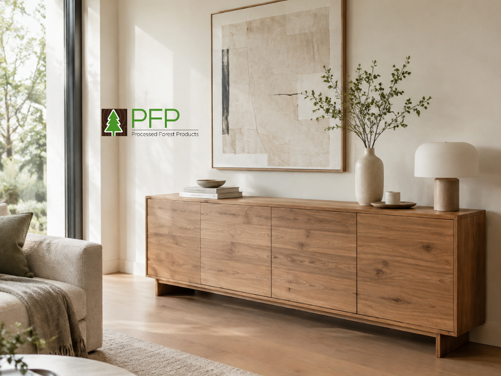 Natural timber veneer sideboard with visible wood grain in a modern living room. timber veneer supplierswood veneer suppliers, wood veneer supplies, timber veneer, timber veneer Sydney, timber veneer nsw, timber veneer manufacturer, wood veneers 
