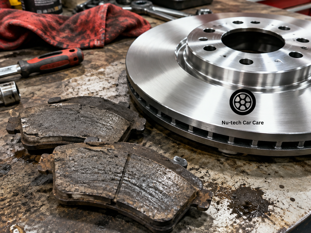 Worn automotive brake pads positioned beside a brake disc on a workshop bench.