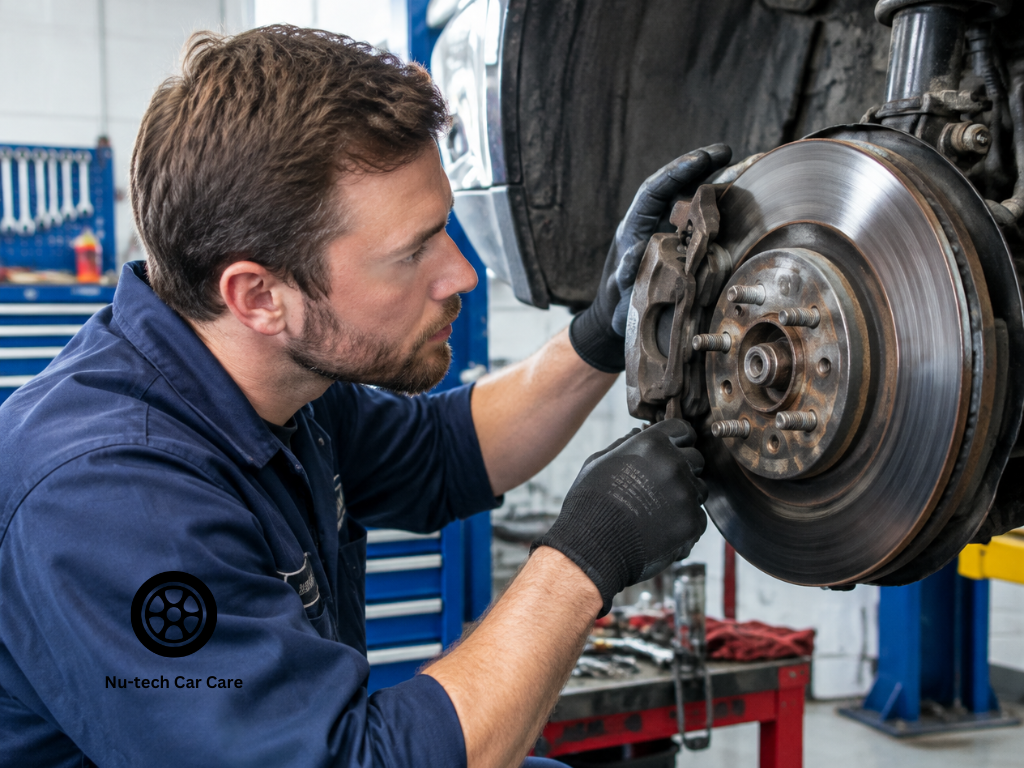 Automotive mechanic inspecting a car's brake disc, caliper and brake pads in a workshop.