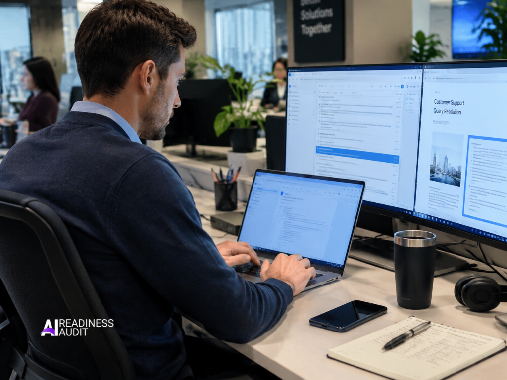 Business professional using an AI-enabled CRM dashboard to review customer enquiries and automated workflows. AI Automation Strategy New South Wales, AI Automation Strategy Queensland, AI Automation Strategy Victoria, AI Automation Strategy Western Australia, AI Automation Strategy Tasmania, AI Automation Strategy Northern Territory, AI Automation Strategy Australian Capital Territory.