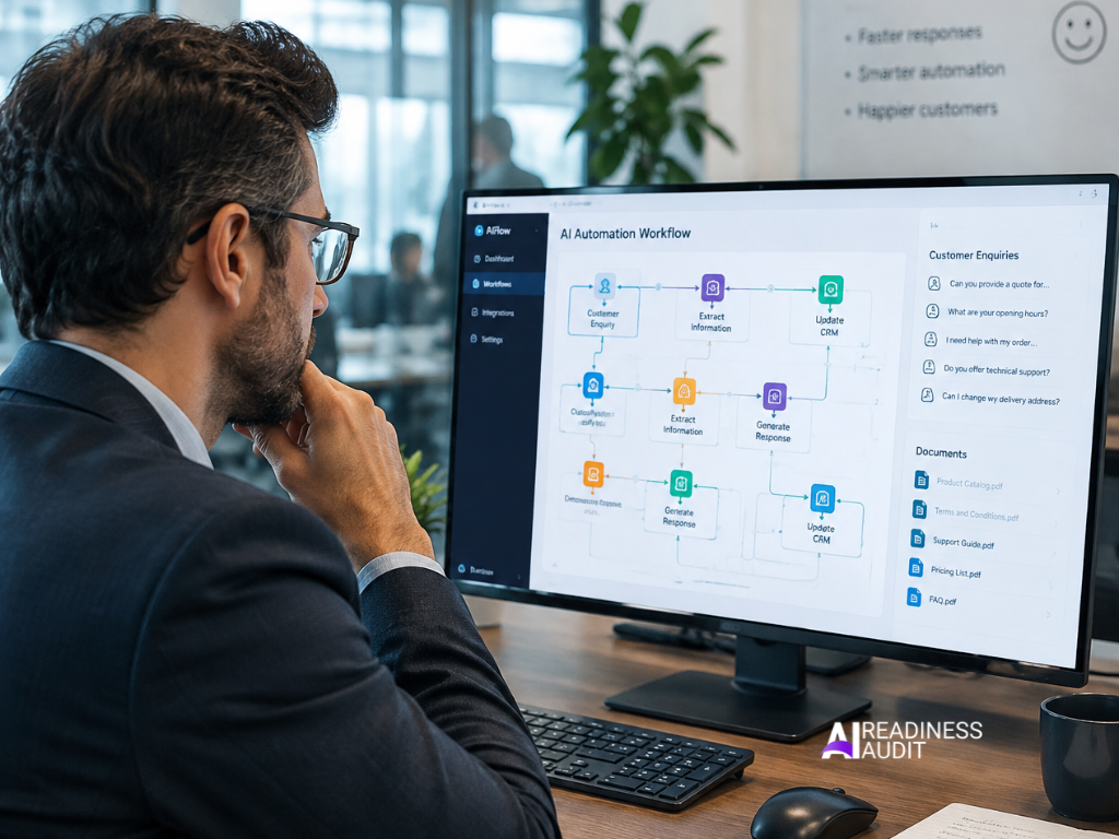 Business professional comparing ready-made AI software dashboards with a custom automation workflow on computer screens. AI Automation Strategy New South Wales, AI Automation Strategy Queensland, AI Automation Strategy Victoria, AI Automation Strategy Western Australia, AI Automation Strategy Tasmania, AI Automation Strategy Northern Territory, AI Automation Strategy Australian Capital Territory.