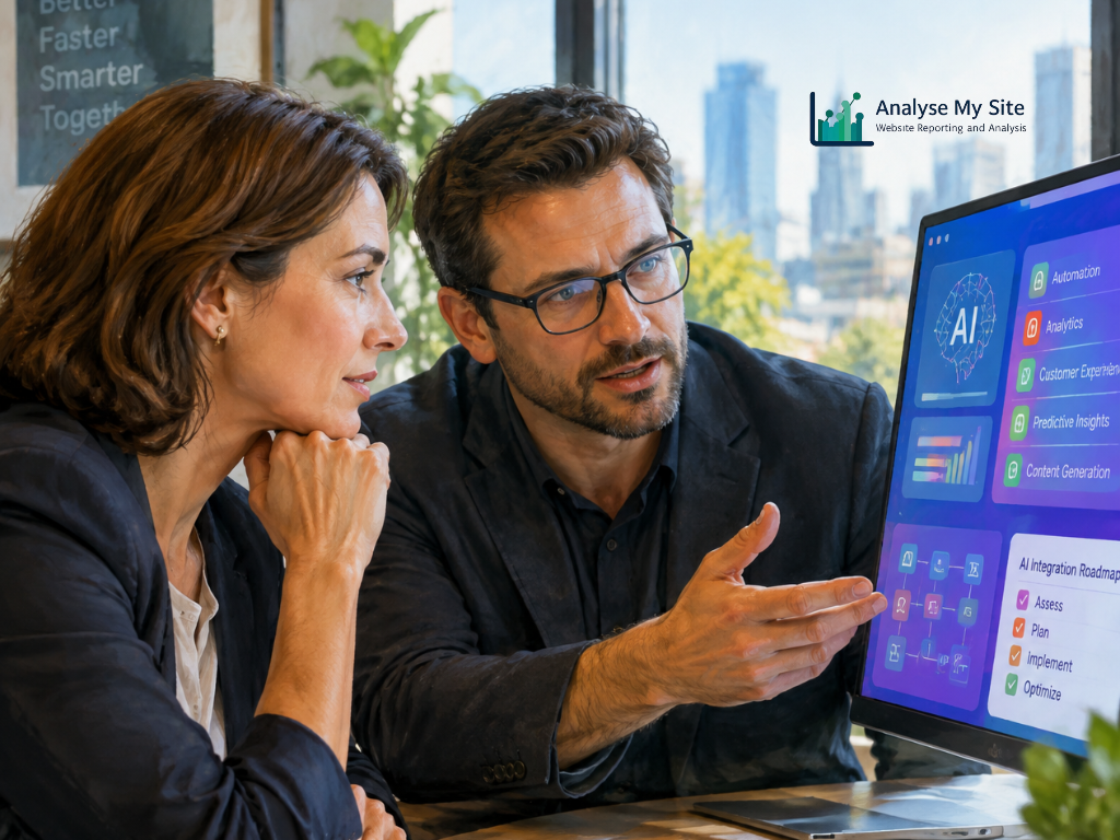 Business owner and IT consultant reviewing AI integration options and connected business software on a computer screen.