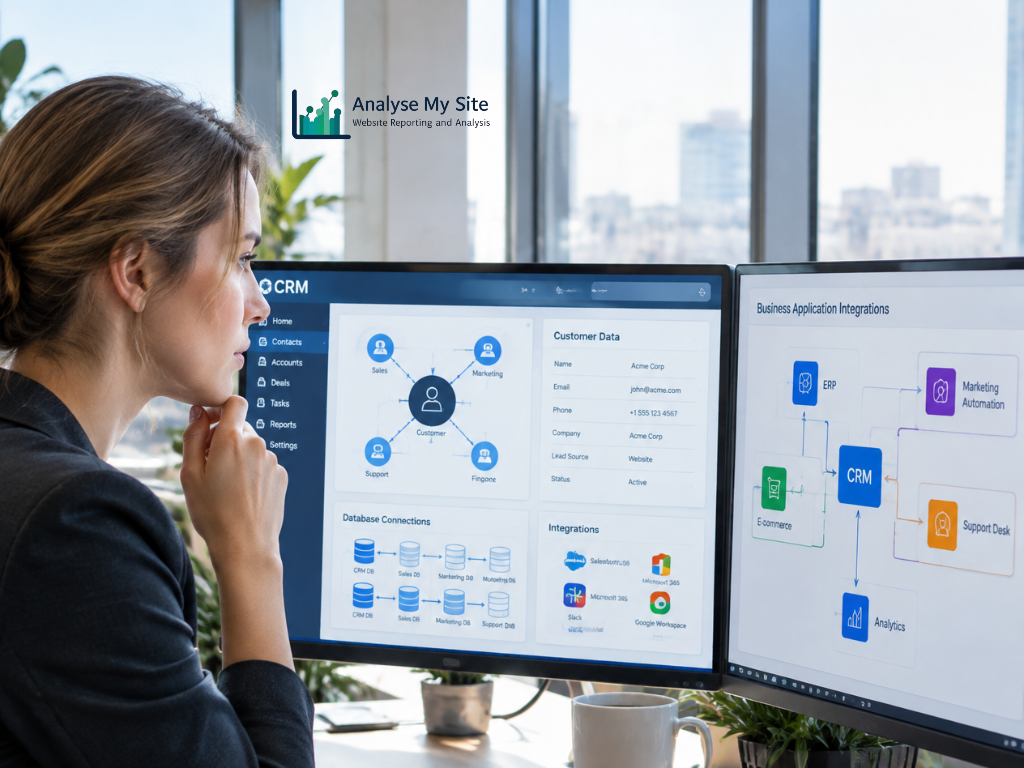 IT consultant reviewing CRM software, database connections and business application integrations on computer monitors.