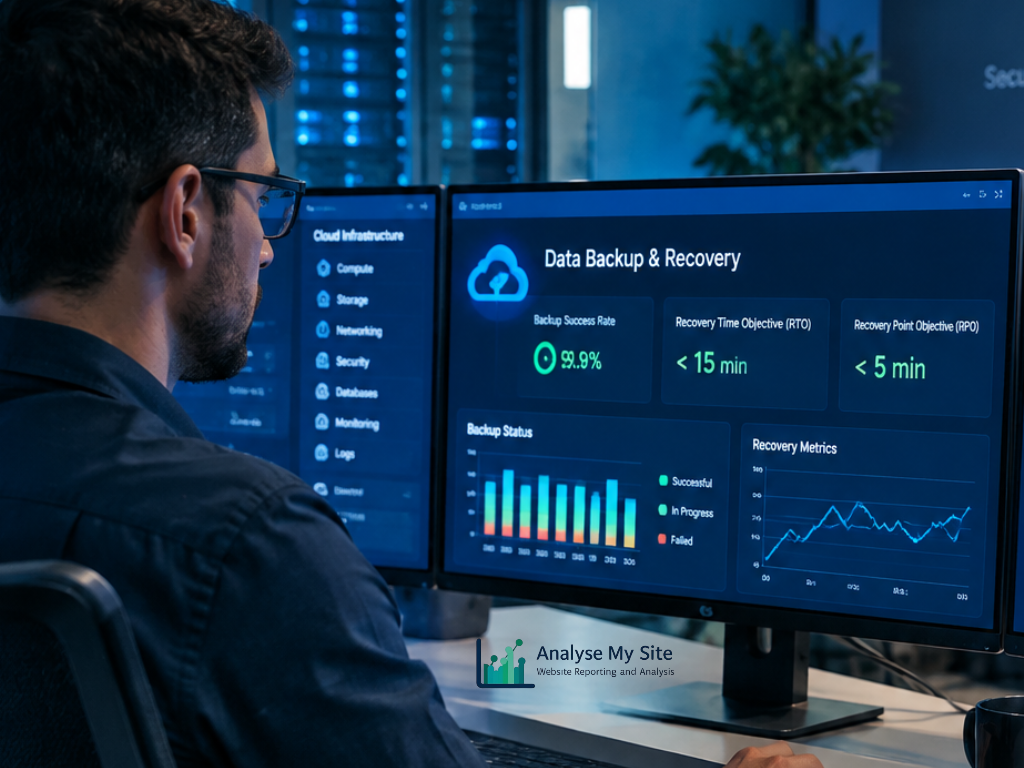 IT specialist reviewing cloud infrastructure, data backup status and recovery information on computer monitors.