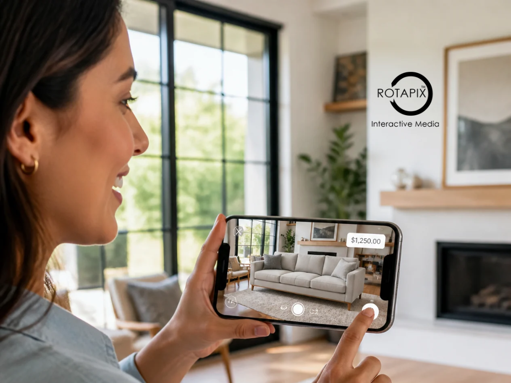 Customer using a smartphone to preview a virtual sofa in a living room through an AR eCommerce shopping feature.