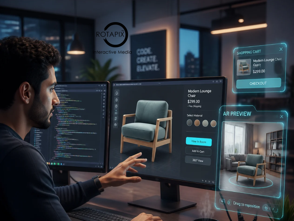 eCommerce developer and tester checking an augmented reality furniture preview on a smartphone before an online store launch.