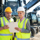 Construction contractor discussing excavator specifications and machinery hire requirements with an equipment provider.