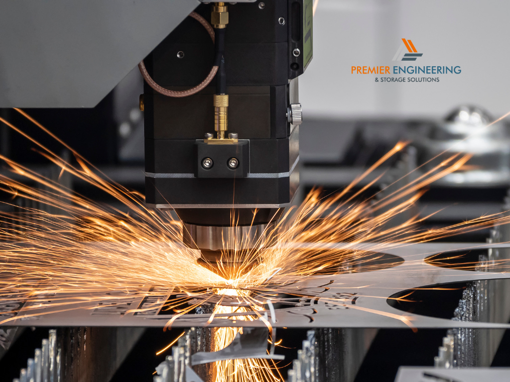 Laser-cut steel panels, bent metal brackets and welded components displayed on a sheet metal fabrication workbench.