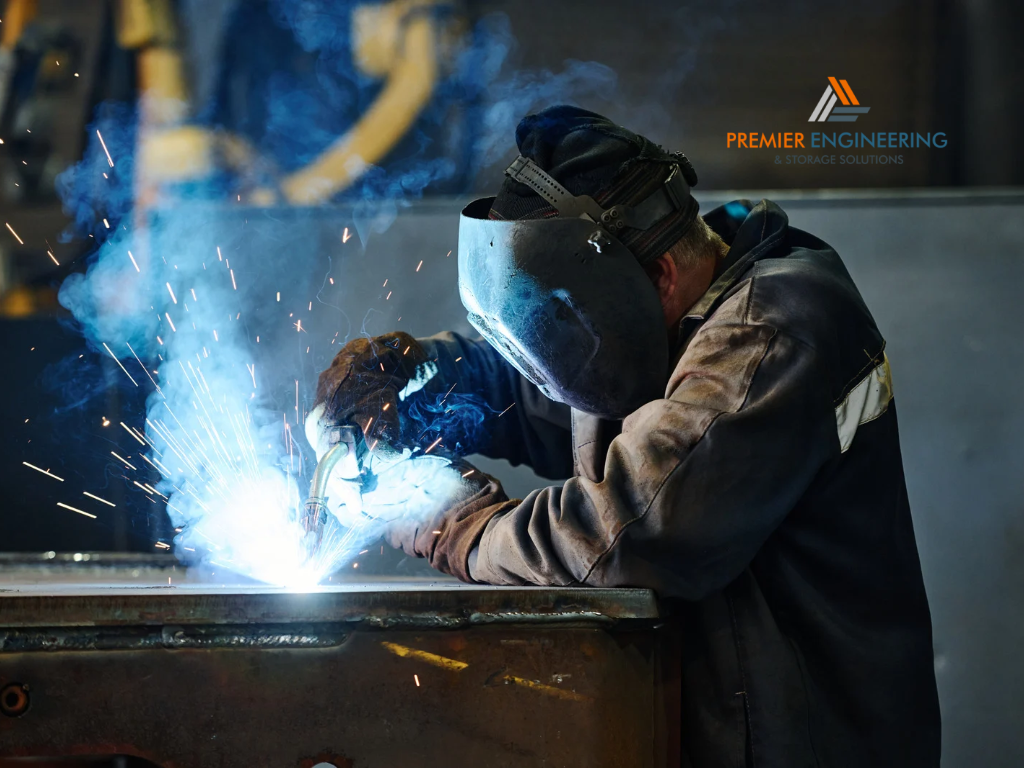 Welder wearing protective equipment while joining sheet metal components into a fabricated metal assembly.