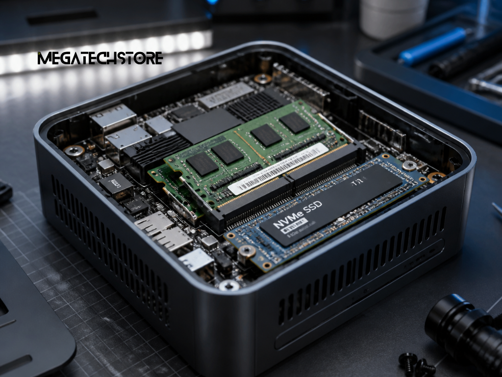Desktop motherboard with installed RAM and graphics card showing essential components for a custom computer build.