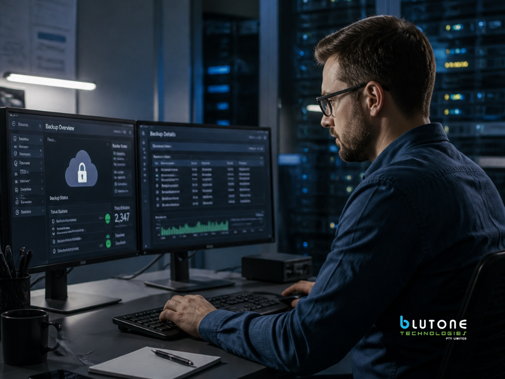 IT technician assessing business servers, network equipment and computer systems before implementing AI tools. IT Support Company Sydney, IT Support Sydney, IT Services Sydney, IT Company Sydney, Managed IT Services Sydney, Managed IT Support Sydney, MSP Sydney