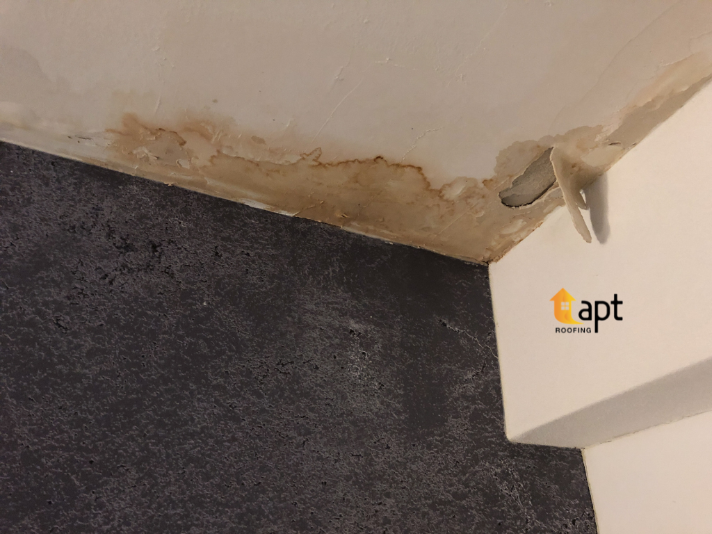 Water stains and visible moisture spreading across a residential ceiling following heavy rainfall. emergency roof repair sydney roof leak repair cost, tile roof repair sydney, storm damage roof repair, roof repairs sydney, roof refurbishing sydney, emergency ceiling leak repair, metal roof repair cost. 