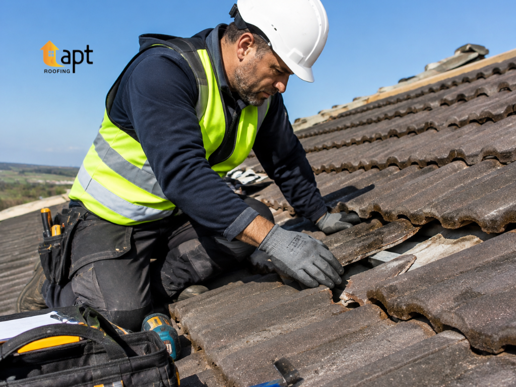 Roofing professional inspecting a residential tiled roof for damaged materials and potential leaks.
