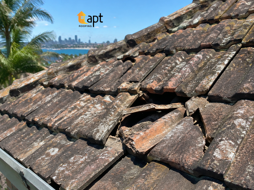Damaged tiled roof on a Sydney home showing cracked tiles and visible deterioration. roof replacement sydneyroof replacement in sydney, roof repair sydney, roof repair in sydney, roofers in sydney, roof repairs in sydney, roofing repairs sydney, residential roof repair sydney 