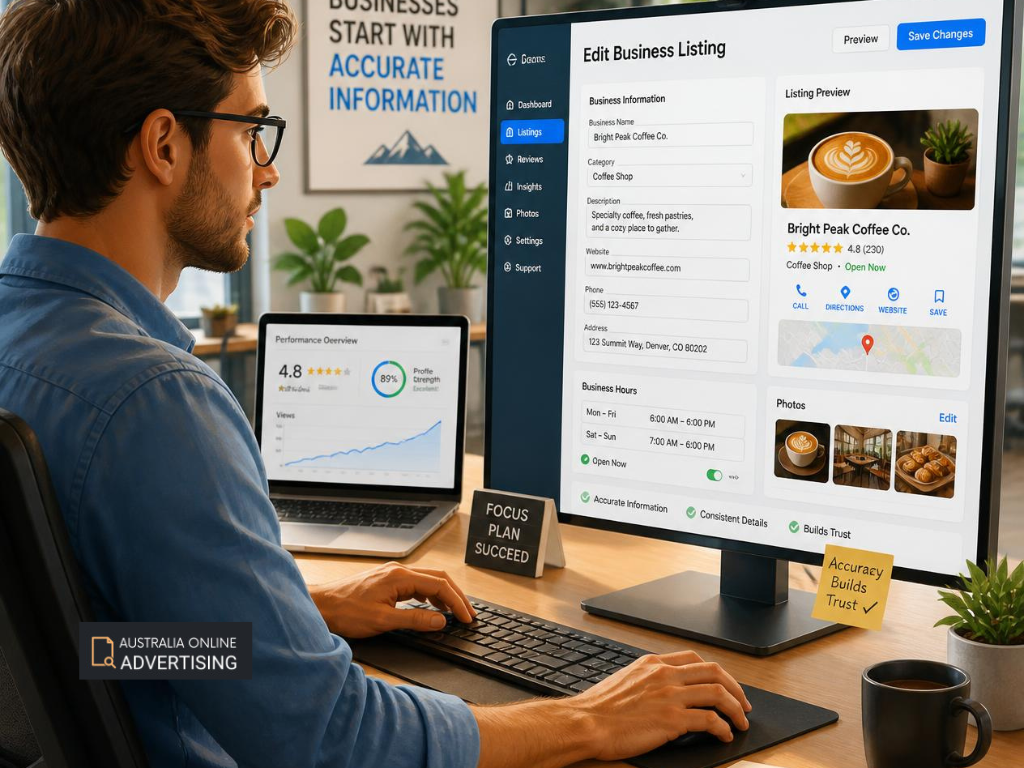 Small business owner entering company details, service categories and contact information into an online directory