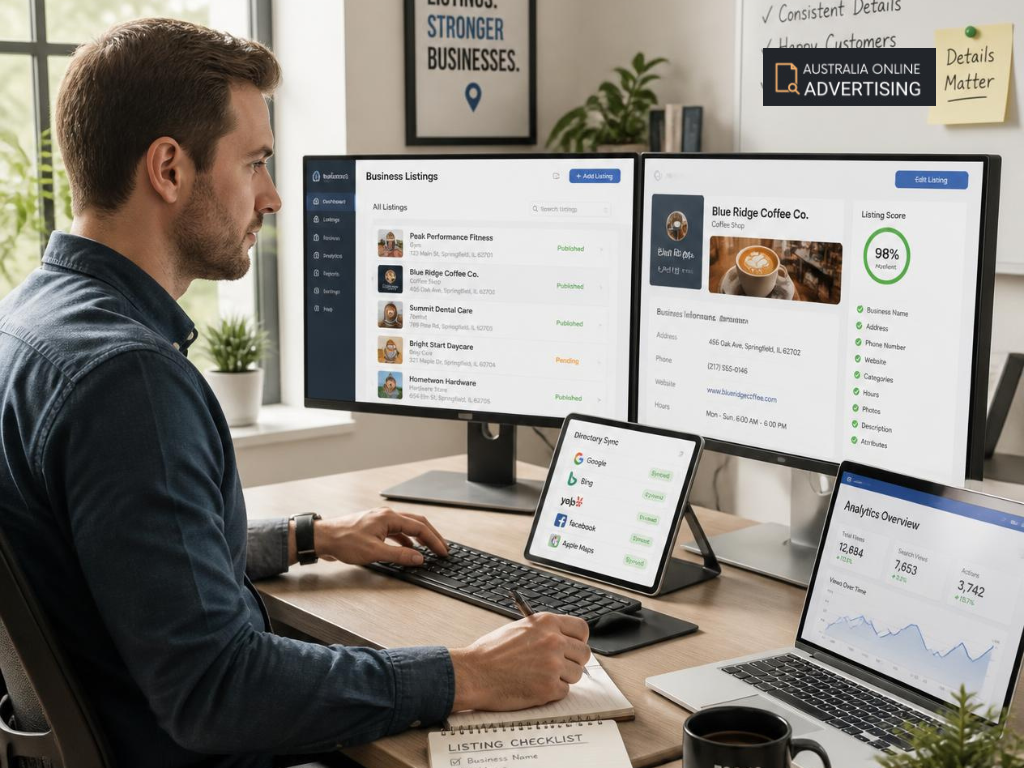 Australian small business owner using a laptop to manage online business listings and local advertising