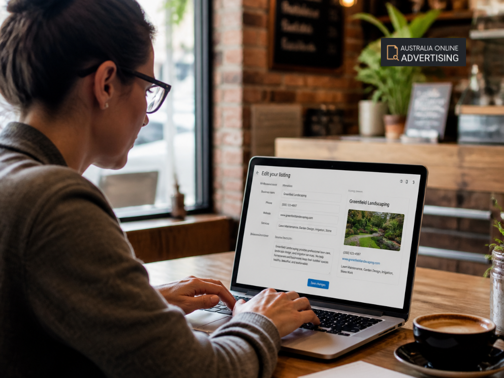 Business owner updating company name, contact details and service descriptions on an online directory listing