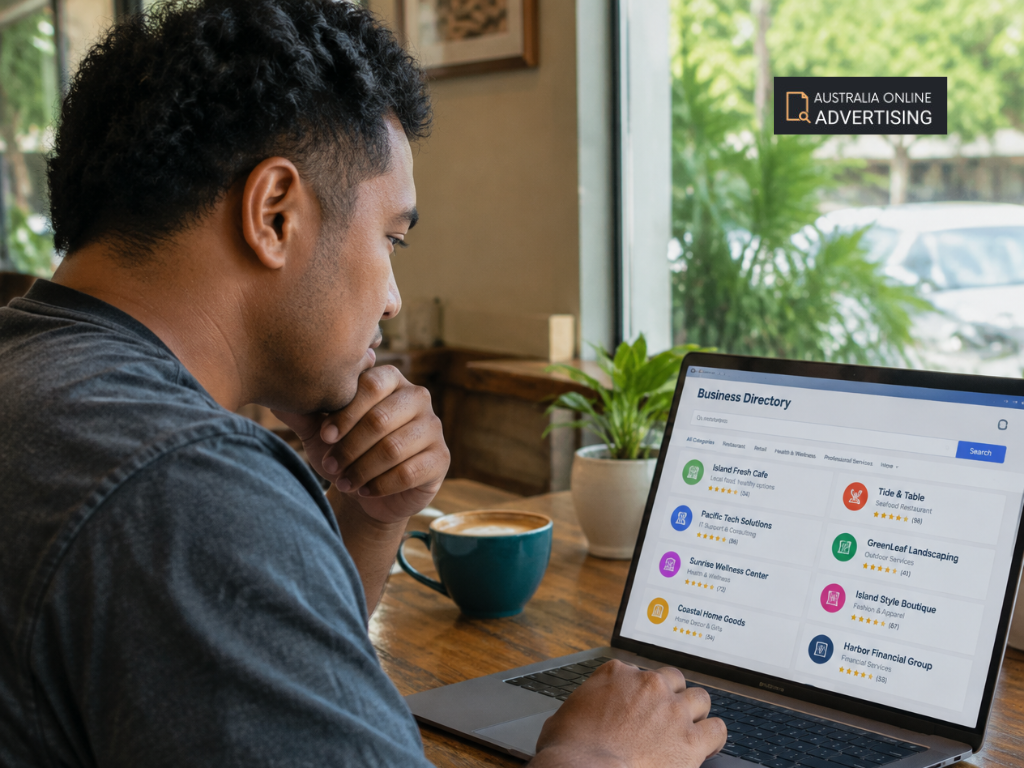 Person browsing an online business directory with company listings displayed on a laptop. free local advertising online, free advertising sites in australia, free advertising, free business directory australia, free online directory, Local business directory, online directory 