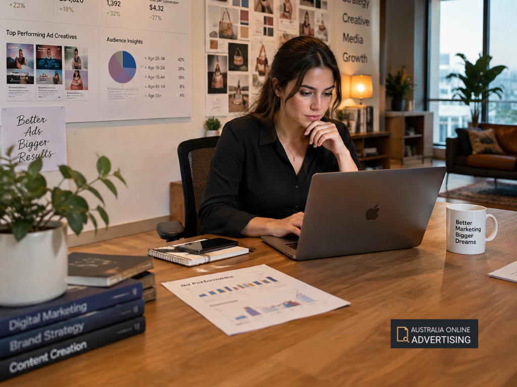 Small business owner using a laptop to review online advertising and business information. free local advertising online, free advertising sites in australia, free advertising, free business directory australia, free online directory, Local business directory, online directory 
