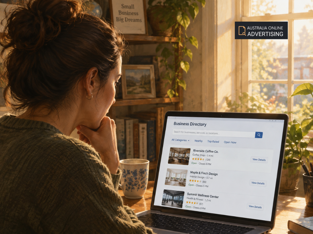 Business owner browsing an online directory with company listings displayed on a laptop. Online advertising australia, ads online, advertising online, advertise online, internet advertising, internet advertising services, online advertising companies