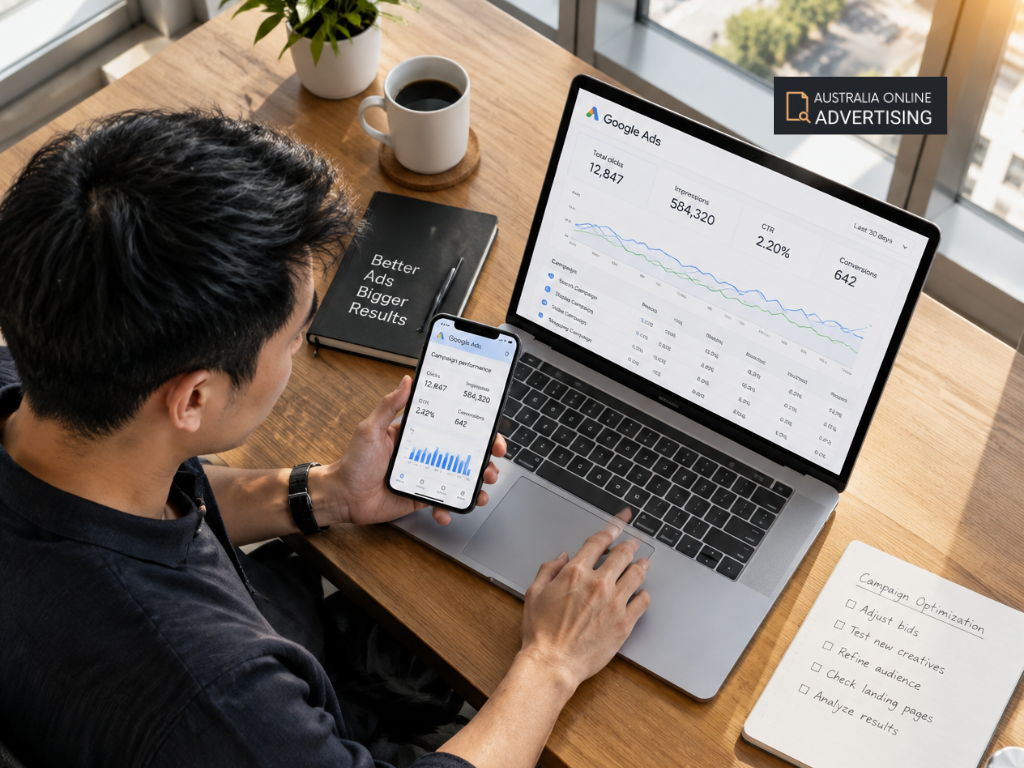 Small business owner using a calculator and laptop to plan advertising expenses and marketing budgets.