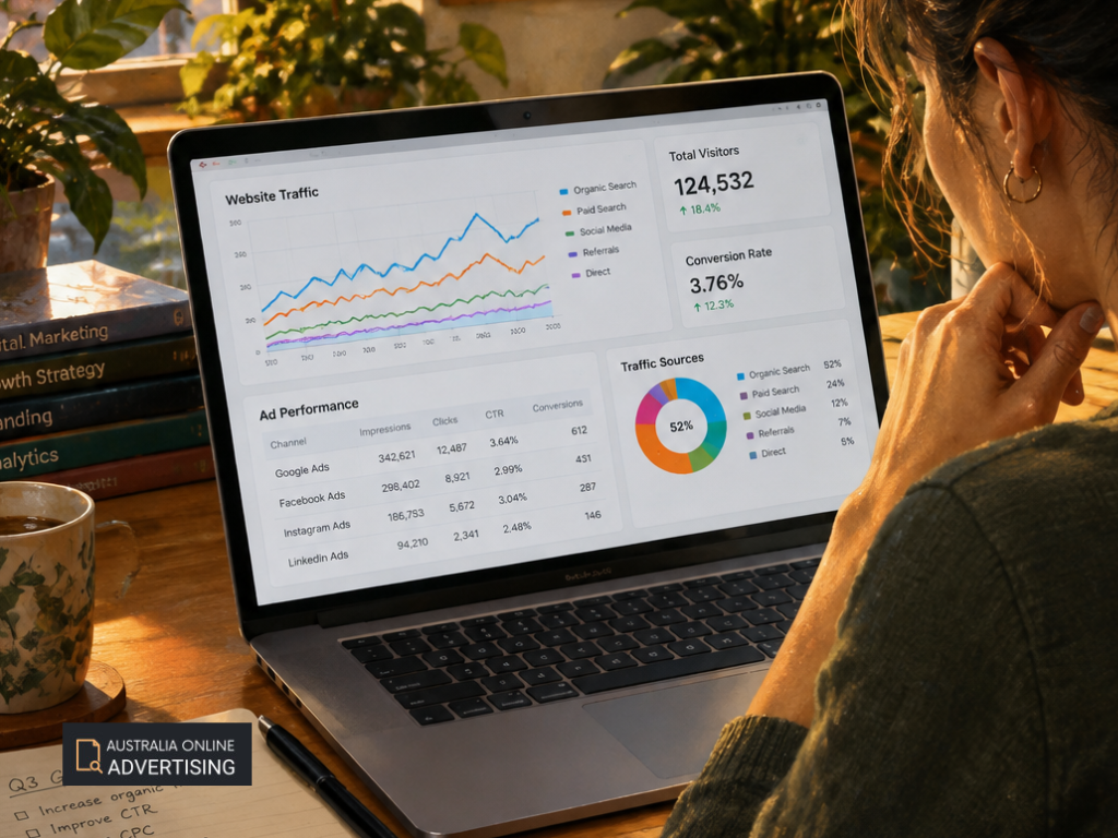 Marketing professional reviewing website traffic and advertising performance charts on a laptop.