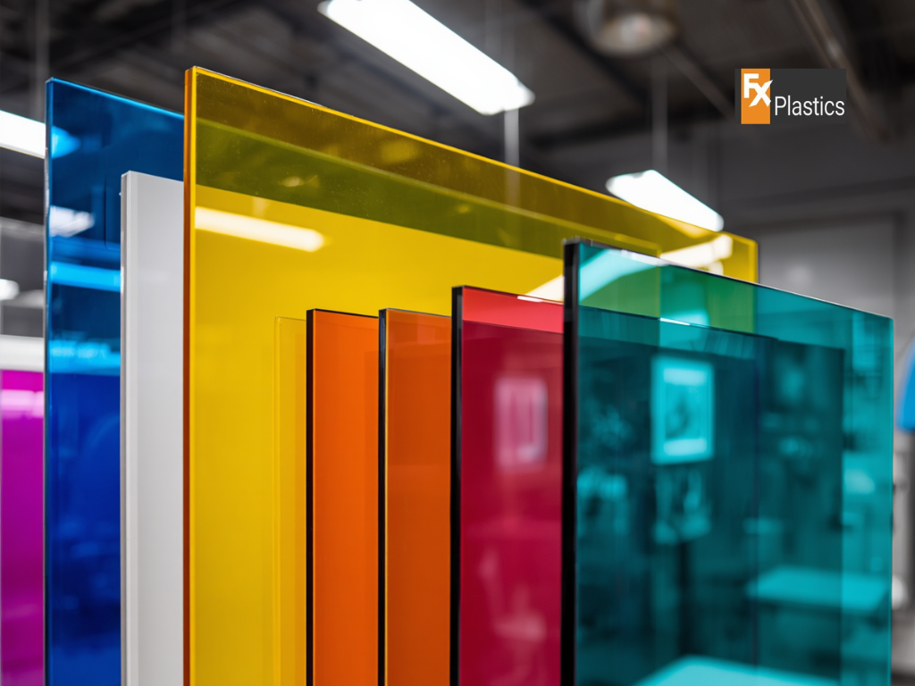 Acrylic, polycarbonate and PVC plastic sheet samples showing different material options for fabrication.