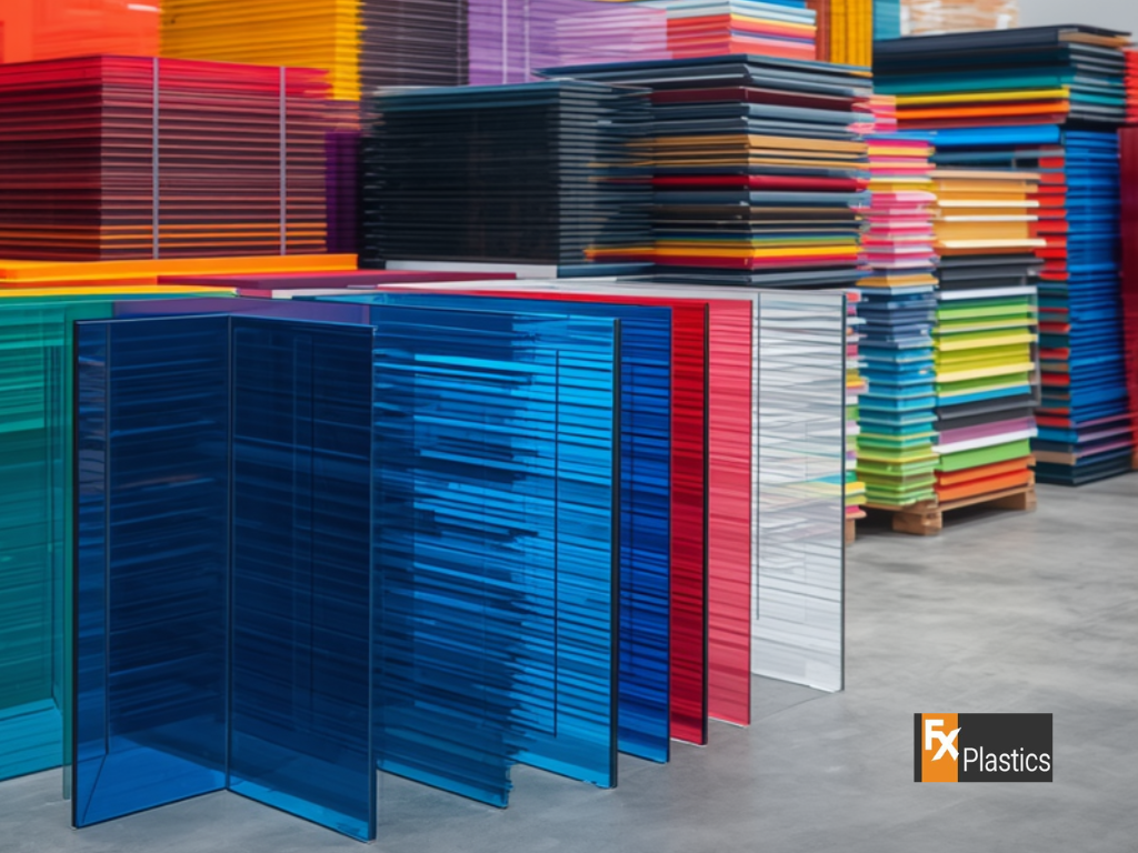 Clear and coloured acrylic sheets displayed for use in retail signage, protective panels and custom fabrication.