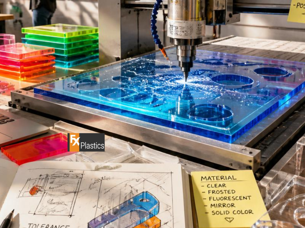 Clear and coloured acrylic sheets in different thicknesses arranged for custom plastic fabrication