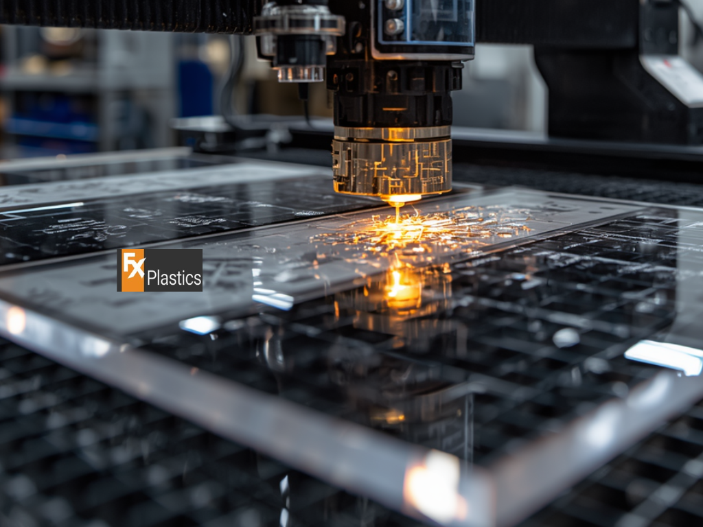 CNC routing machine cutting a plastic sheet into custom shapes and components