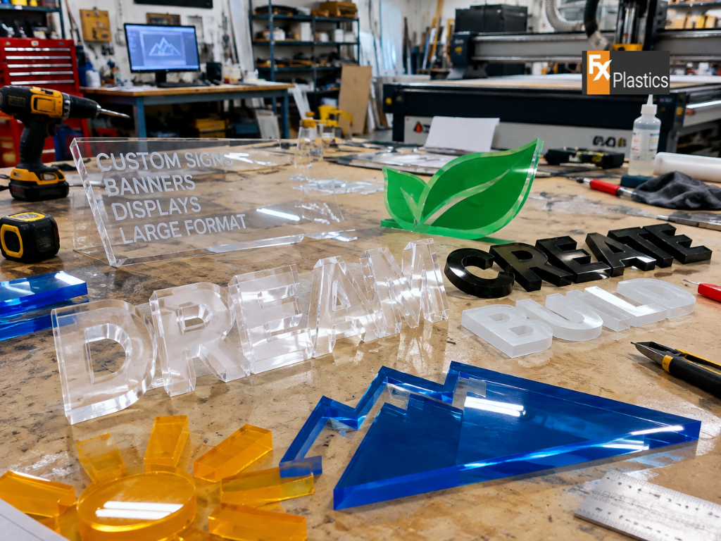 Custom-cut acrylic letters and shaped sign components arranged on a fabrication workshop table. perspex cut to size sydney, perspex cut to size, perspex sydney, perspex sheet sydney, perspex screens sydney, perspex counter screens sydney, perspex guard manufacturing sydney