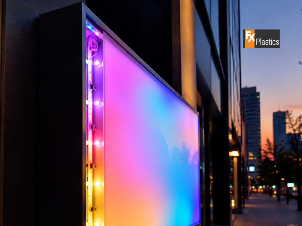 LED lighting modules installed inside a lightbox sign with a translucent acrylic diffuser panel.