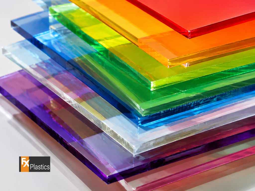 Coloured and translucent acrylic sheets of different thicknesses arranged with their edges visible. perspex cut to size sydney, perspex cut to size, perspex sydney, perspex sheet sydney, perspex screens sydney, perspex counter screens sydney, perspex guard manufacturing sydney